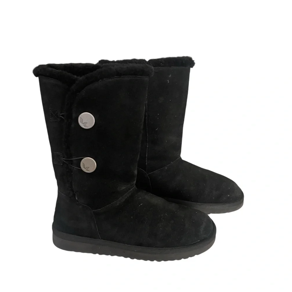 UGG Koolaburra Tall Black Suede Slip On Faux Fur  Boots Silver Button Size 8